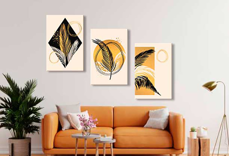 Altın ve Siyah Renk Desenli Botanik Set 3 Adet Kanvas Tablo